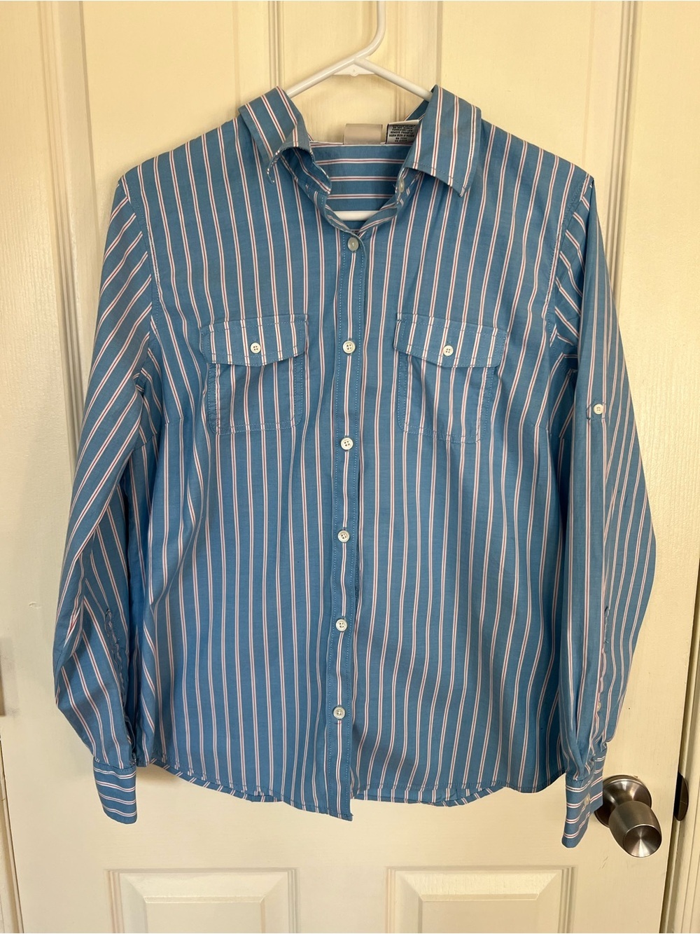 L.L.Bean Blue Striped Button Down Shirt Womens Large Roll Tab Stretch Cotton